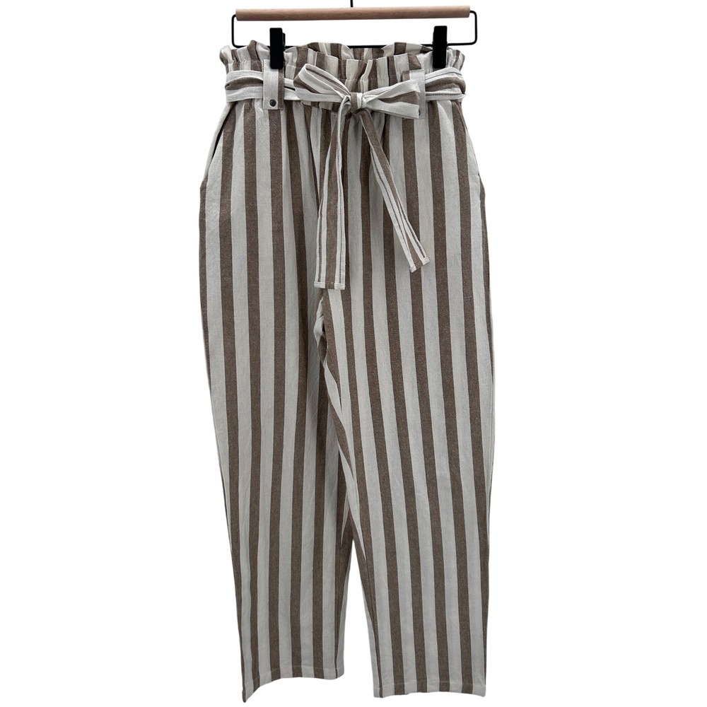 Women's Striped Cotton Paperbag Waist‎ Blend Pants Medium Neutral Minimalist